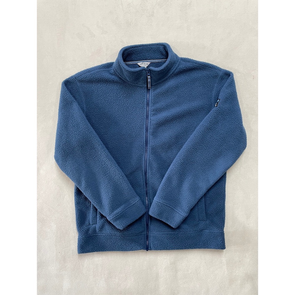 Orvis Mens Full Zip Sherpa Fleece Jacket Blue Size Medium Mock Neck Pocket